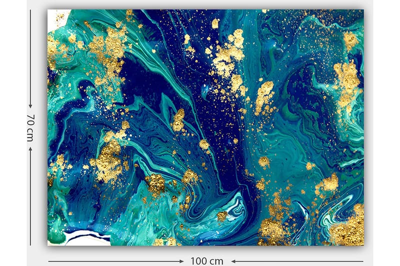 Lærred 70x100 cm - Abstrakt kunst med hvirvlende blå og grønne mønstre og et strejf af guld - Mørkeblå / Turkis / Guld - Boligtilbehør - Billeder & kunst - Billeder på lærred