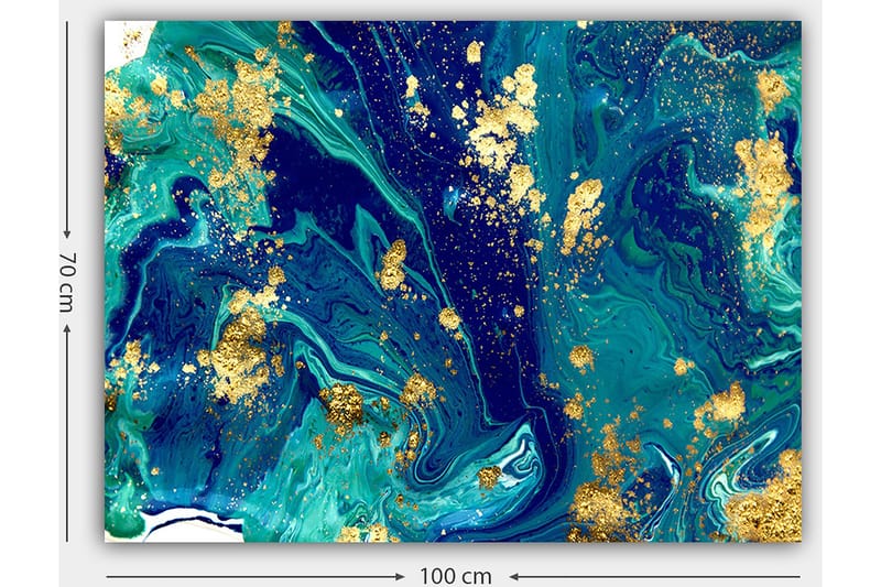 Lærred 70x100 cm - Abstrakt kunst med hvirvlende blå og grønne mønstre og et strejf af guld - Mørkeblå / Turkis / Guld - Boligtilbehør - Billeder & kunst - Billeder på lærred