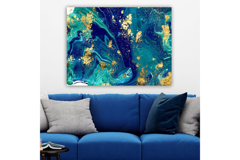Lærred 70x100 cm - Abstrakt kunst med hvirvlende blå og grønne mønstre og et strejf af guld - Mørkeblå / Turkis / Guld - Boligtilbehør - Billeder & kunst - Billeder på lærred