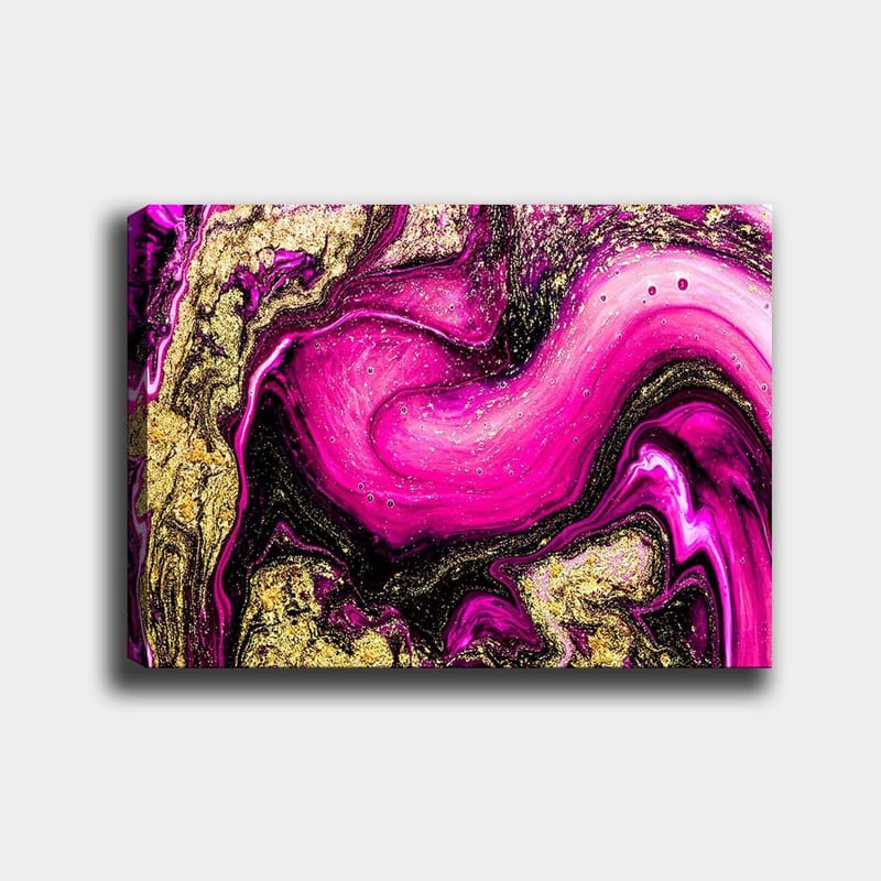 Lærred 70x100 cm - Abstrakt kunst med hvirvlende lyserøde og guldmønstre, Lyserød / Guld / Sort