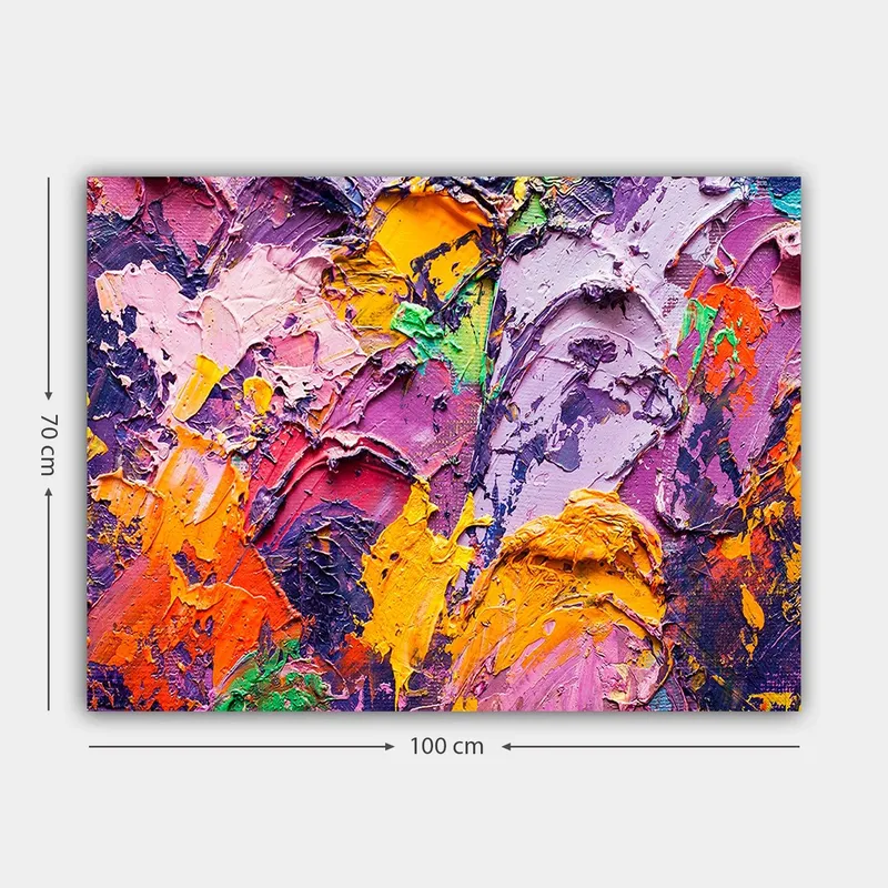Lærred 70x100 cm - Abstrakt kunst med levende farver og teksturer, der skaber en dynamisk komposition - Lilla / Orange / Lyserød - Boligtilbehør - Billeder & kunst - Billeder på lærred