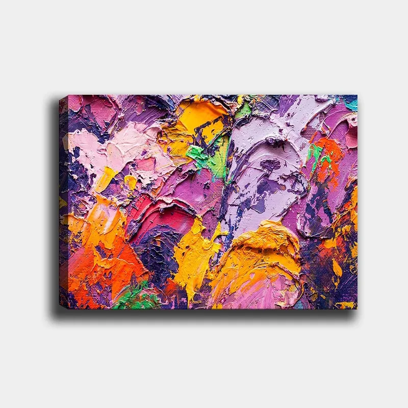 Lærred 70x100 cm - Abstrakt kunst med levende farver og teksturer, der skaber en dynamisk komposition, Lilla / Orange / Lyserød