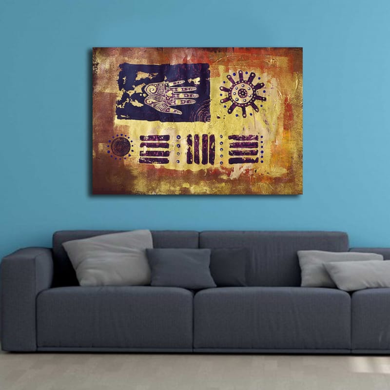 Lærred 70x100 cm - Abstrakt kunst med symboler og mønstre i en farverig komposition - Guld / Mørkeblå / Lilla - Boligtilbehør - Billeder & kunst - Billeder på lærred