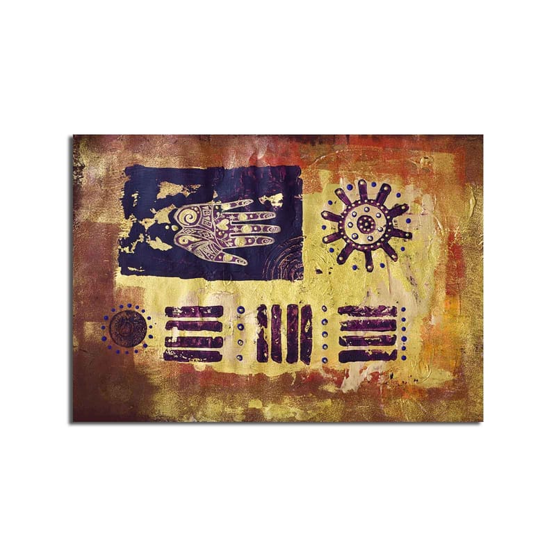 Lærred 70x100 cm - Abstrakt kunst med symboler og mønstre i en farverig komposition - Guld / Mørkeblå / Lilla - Boligtilbehør - Billeder & kunst - Billeder på lærred