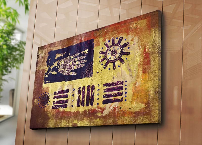 Lærred 70x100 cm - Abstrakt kunst med symboler og mønstre i en farverig komposition - Guld / Mørkeblå / Lilla - Boligtilbehør - Billeder & kunst - Billeder på lærred