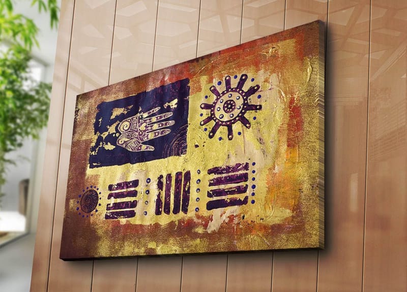 Lærred 70x100 cm - Abstrakt kunst med symboler og mønstre i en farverig komposition - Guld / Mørkeblå / Lilla - Boligtilbehør - Billeder & kunst - Billeder på lærred