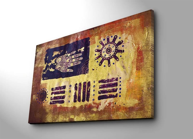 Lærred 70x100 cm - Abstrakt kunst med symboler og mønstre i en farverig komposition, Guld / Mørkeblå / Lilla