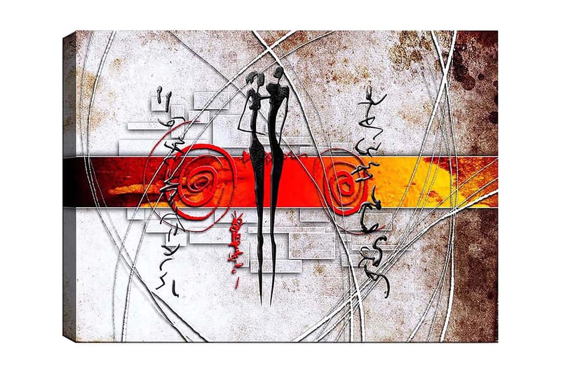 Lærred 70x100 cm - Abstrakt kunst med to stiliserede figurer, der står tæt på hinanden, omgivet af spiraler og linjer, Rød / Sort / Orange