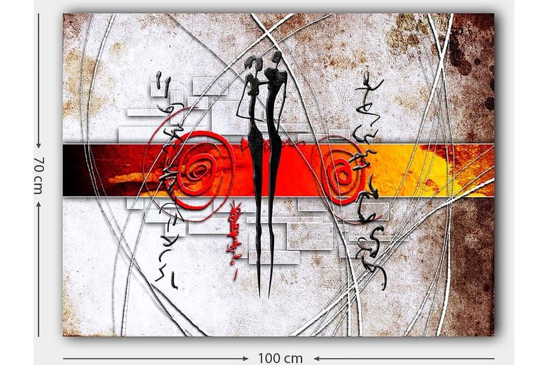 Lærred 70x100 cm - Abstrakt kunst med to stiliserede figurer, der står tæt på hinanden, omgivet af spiraler og linjer - Rød / Sort / Orange - Boligtilbehør - Billeder & kunst - Billeder på lærred