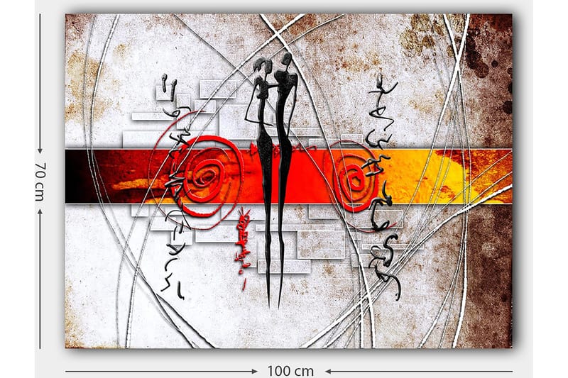 Lærred 70x100 cm - Abstrakt kunst med to stiliserede figurer, der står tæt på hinanden, omgivet af spiraler og linjer - Rød / Sort / Orange - Boligtilbehør - Billeder & kunst - Billeder på lærred