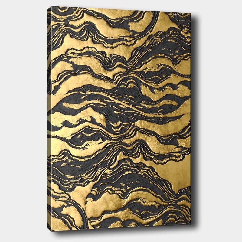 Lærred 70x100 cm - Abstrakt kunstværk med bølgede mønstre i guld og sort - Guld / Sort - Boligtilbehør - Billeder & kunst - Billeder på lærred