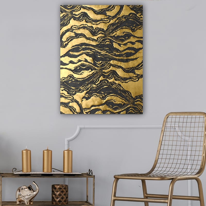 Lærred 70x100 cm - Abstrakt kunstværk med bølgede mønstre i guld og sort, Guld / Sort