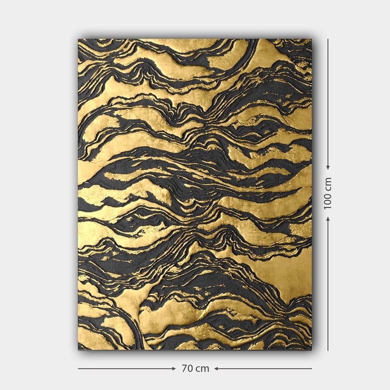 Lærred 70x100 cm - Abstrakt kunstværk med bølgede mønstre i guld og sort - Guld / Sort - Boligtilbehør - Billeder & kunst - Billeder på lærred
