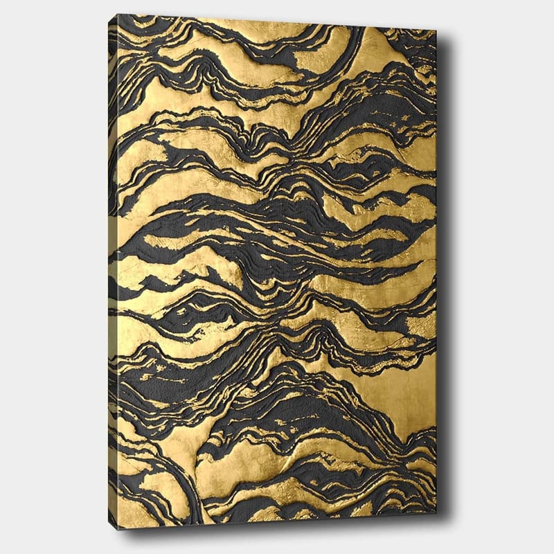 Lærred 70x100 cm - Abstrakt kunstværk med bølgede mønstre i guld og sort - Guld / Sort - Boligtilbehør - Billeder & kunst - Billeder på lærred