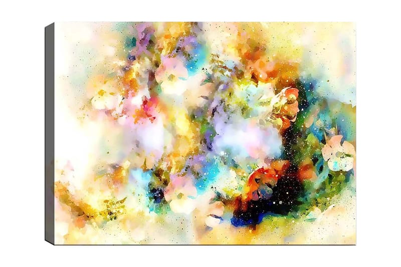 Lærred 70x100 cm - Abstrakt kunstværk med farveeksplosioner, der skaber en drømmeagtig atmosfære, Blå / Gul / Lyserød