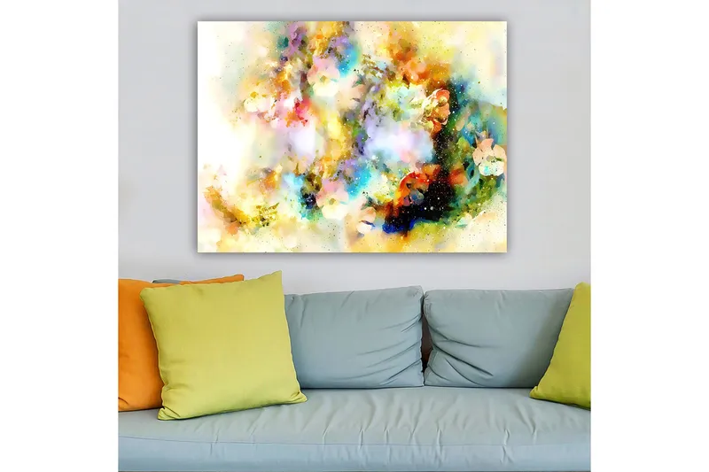 Lærred 70x100 cm - Abstrakt kunstværk med farveeksplosioner, der skaber en drømmeagtig atmosfære - Blå / Gul / Lyserød - Boligtilbehør - Billeder & kunst - Billeder på lærred