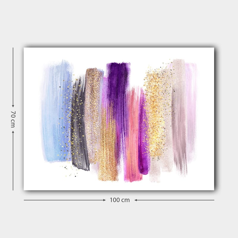 Lærred 70x100 cm - Abstrakt kunstværk med farverige penselstrøg i forskellige nuancer - Lilla / Blå / Guld - Boligtilbehør - Billeder & kunst - Billeder på lærred