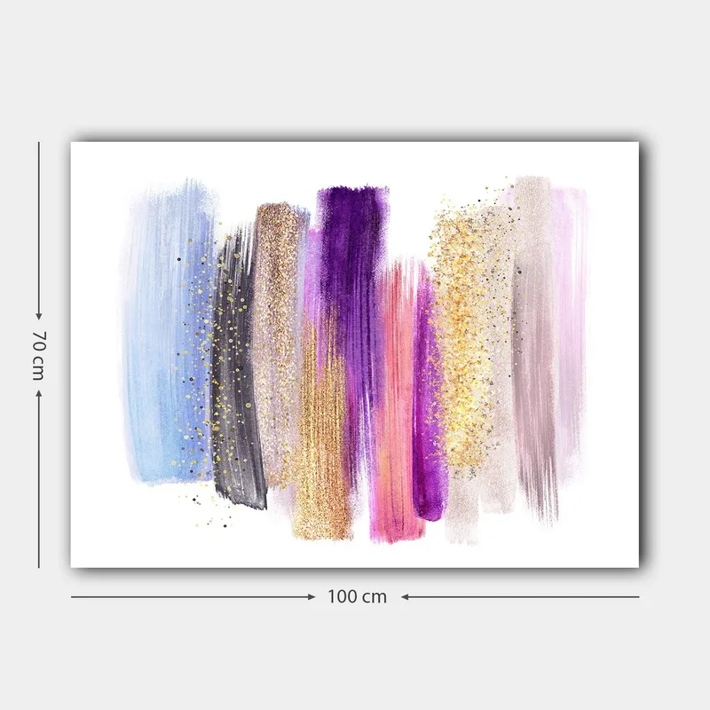 Lærred 70x100 cm - Abstrakt kunstværk med farverige penselstrøg i forskellige nuancer - Lilla / Blå / Guld - Boligtilbehør - Billeder & kunst - Billeder på lærred