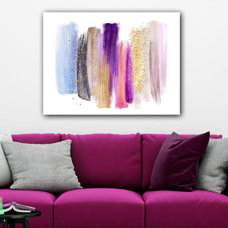 Lærred 70x100 cm - Abstrakt kunstværk med farverige penselstrøg i forskellige nuancer - Lilla / Blå / Guld - Boligtilbehør - Billeder & kunst - Billeder på lærred