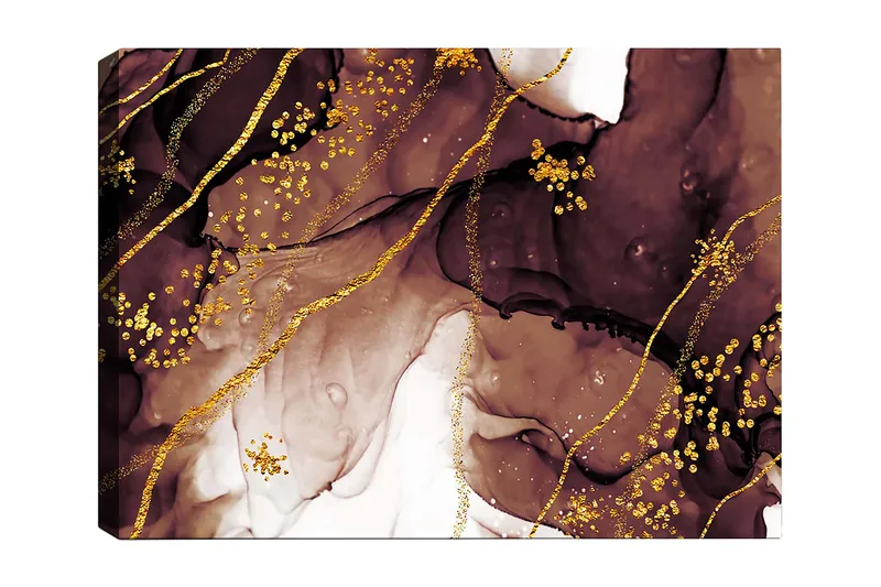 Lærred 70x100 cm - Abstrakt kunstværk med flydende former og gulddetaljer, Mørkebrun / Guld / Beige
