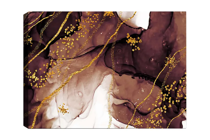 Lærred 70x100 cm - Abstrakt kunstværk med flydende former og gulddetaljer, Mørkebrun / Guld / Beige