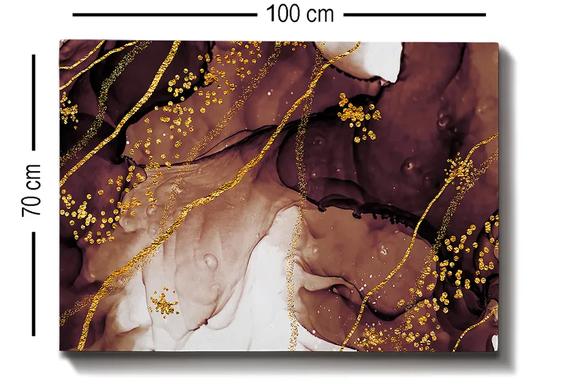 Lærred 70x100 cm - Abstrakt kunstværk med flydende former og gulddetaljer - Mørkebrun / Guld / Beige - Boligtilbehør - Billeder & kunst - Billeder på lærred