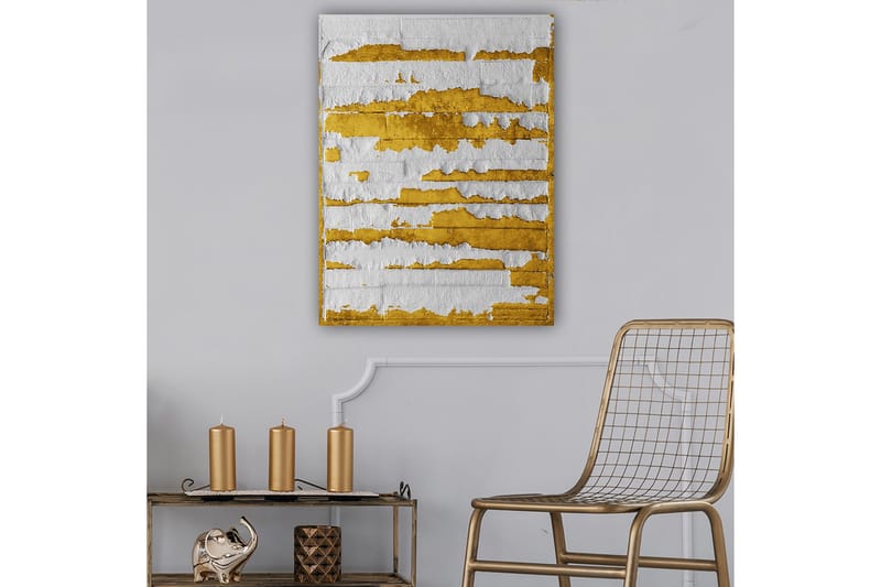 Lærred 70x100 cm - Abstrakt kunstværk med guld- og hvidfarvede linjer, der skaber en dynamisk tekstur, Guld / Hvid