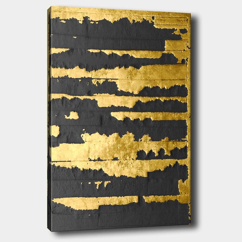 Lærred 70x100 cm - Abstrakt kunstværk med guld- og sortfarvede linjer, der skaber en dynamisk og moderne komposition, Guld / Sort