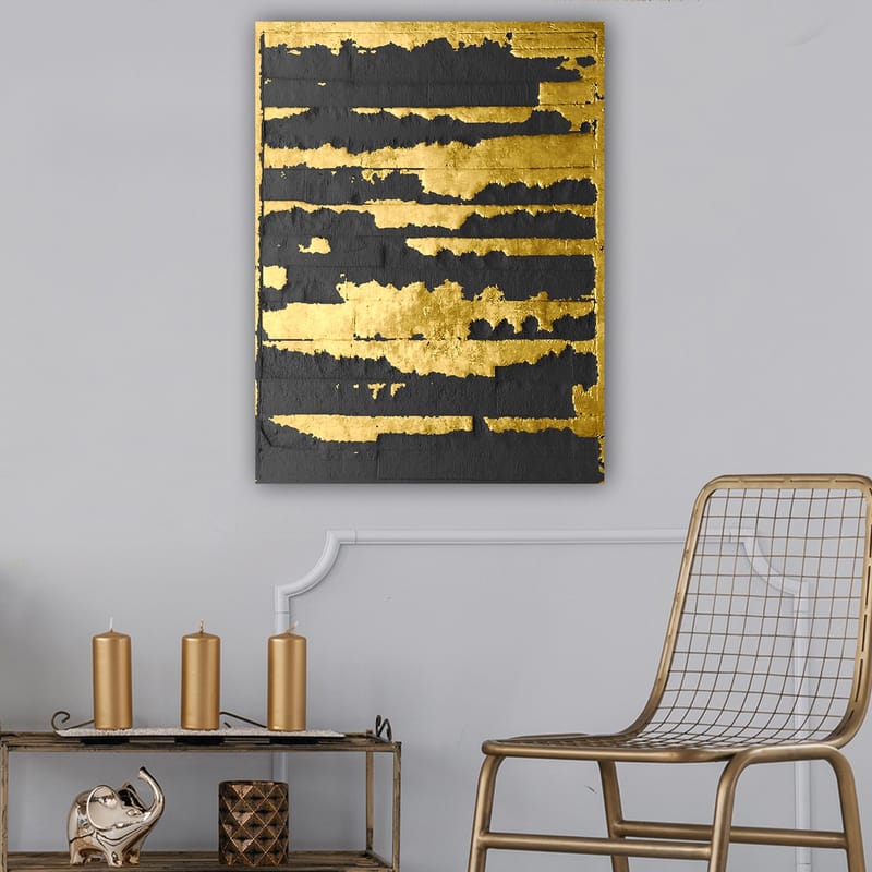 Lærred 70x100 cm - Abstrakt kunstværk med guld- og sortfarvede linjer, der skaber en dynamisk og moderne komposition - Guld / Sort - Boligtilbehør - Billeder & kunst - Billeder på lærred