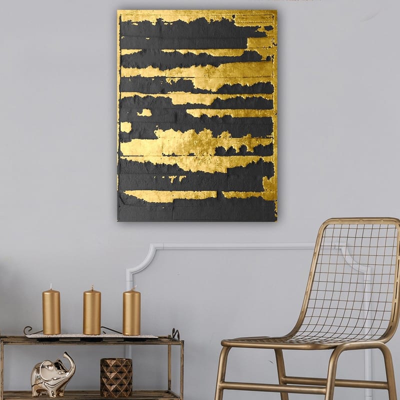 Lærred 70x100 cm - Abstrakt kunstværk med guld- og sortfarvede linjer, der skaber en dynamisk og moderne komposition - Guld / Sort - Boligtilbehør - Billeder & kunst - Billeder på lærred
