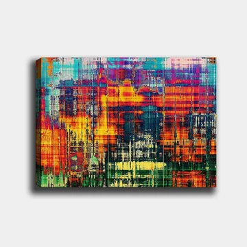 Lærred 70x100 cm - Abstrakt kunstværk med levende farver og dynamiske mønstre - Turkis / Orange / Mørkeblå - Boligtilbehør - Billeder & kunst - Billeder på lærred