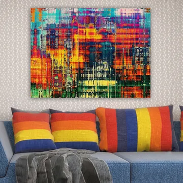 Lærred 70x100 cm - Abstrakt kunstværk med levende farver og dynamiske mønstre - Turkis / Orange / Mørkeblå - Boligtilbehør - Billeder & kunst - Billeder på lærred