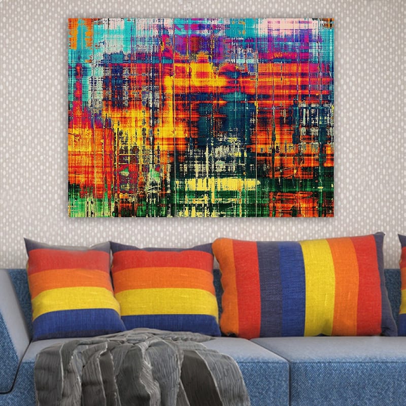 Lærred 70x100 cm - Abstrakt kunstværk med levende farver og dynamiske mønstre - Turkis / Orange / Mørkeblå - Boligtilbehør - Billeder & kunst - Billeder på lærred