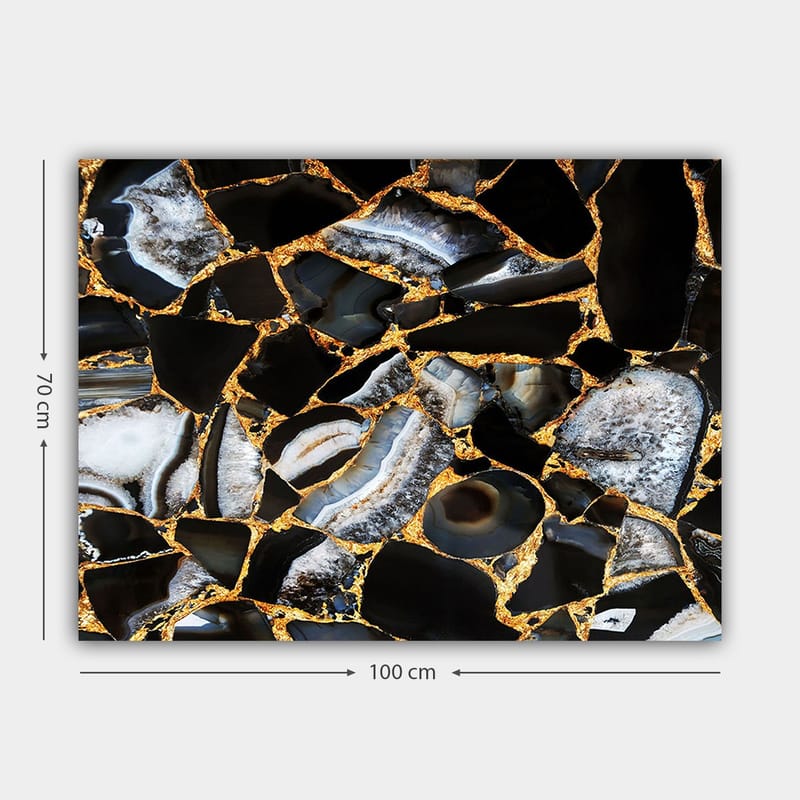Lærred 70x100 cm - Abstrakt kunstværk med mønster af sorte og grå sten med gyldne elementer - Sort / Grå / Guld - Boligtilbehør - Billeder & kunst - Billeder på lærred