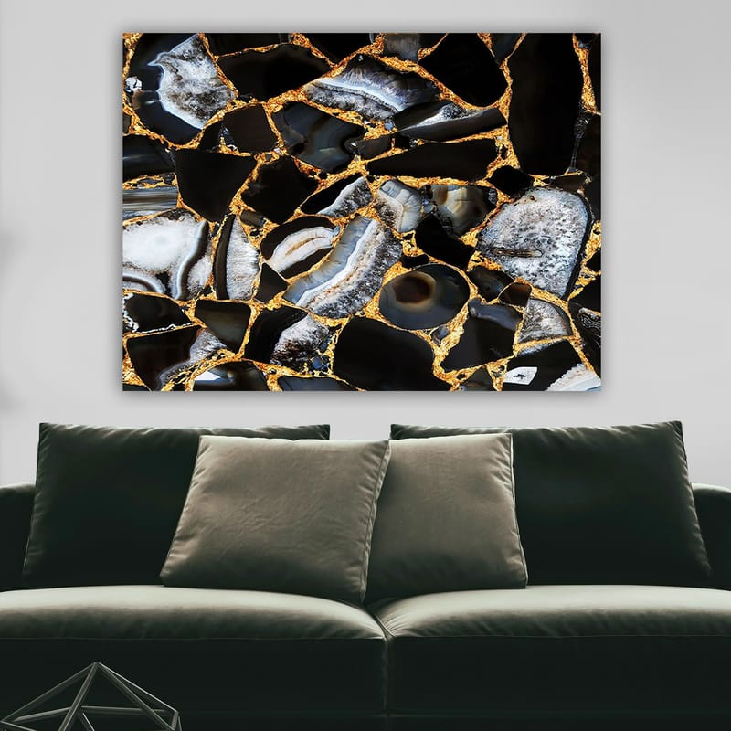 Lærred 70x100 cm - Abstrakt kunstværk med mønster af sorte og grå sten med gyldne elementer - Sort / Grå / Guld - Boligtilbehør - Billeder & kunst - Billeder på lærred