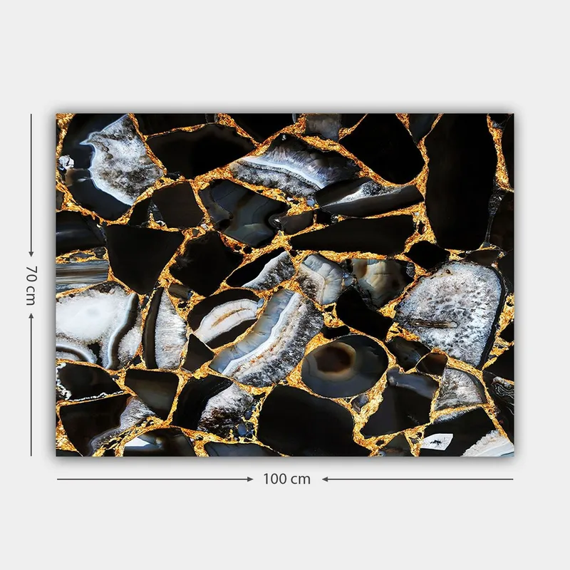 Lærred 70x100 cm - Abstrakt kunstværk med mønster af sorte og grå sten med gyldne elementer - Sort / Grå / Guld - Boligtilbehør - Billeder & kunst - Billeder på lærred