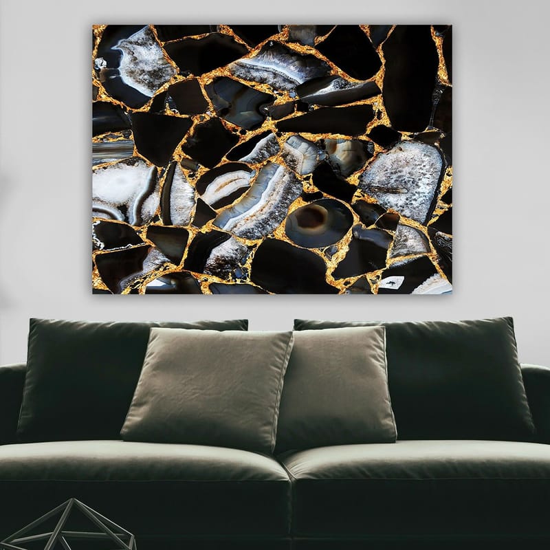 Lærred 70x100 cm - Abstrakt kunstværk med mønster af sorte og grå sten med gyldne elementer - Sort / Grå / Guld - Boligtilbehør - Billeder & kunst - Billeder på lærred