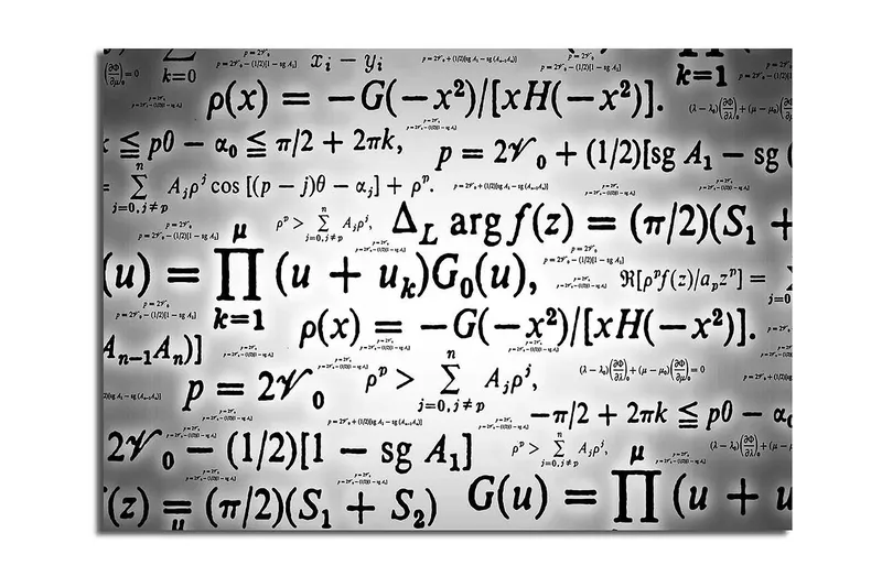 Lærred 70x100 cm - Abstrakt kunstværk med matematiske formler og symboler i sort-hvid, Sort / Hvid