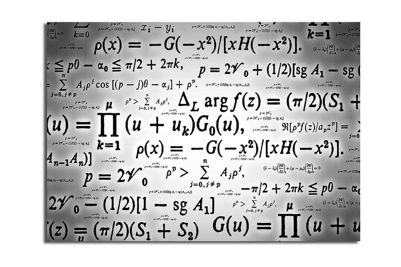 Lærred 70x100 cm - Abstrakt kunstværk med matematiske formler og symboler i sort-hvid, Sort / Hvid