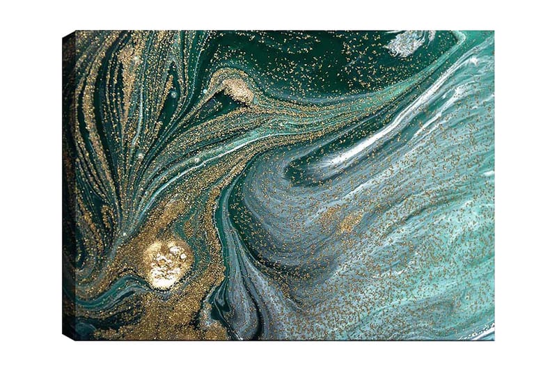 Lærred 70x100 cm - Abstrakt kunstværk med sorte og guldmønstre, der skaber en følelse af bevægelse og dybde, Mørkegrøn / Guld / Lyseblå