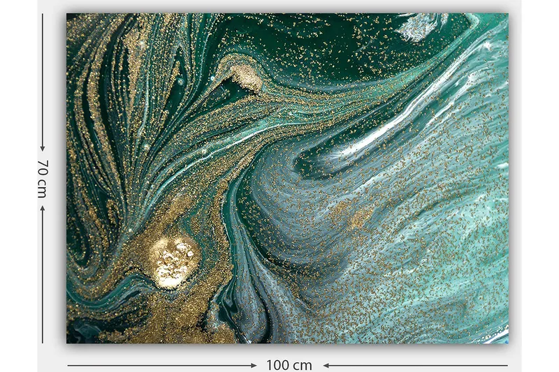 Lærred 70x100 cm - Abstrakt kunstværk med sorte og guldmønstre, der skaber en følelse af bevægelse og dybde - Mørkegrøn / Guld / Lyseblå - Boligtilbehør - Billeder & kunst - Billeder på lærred