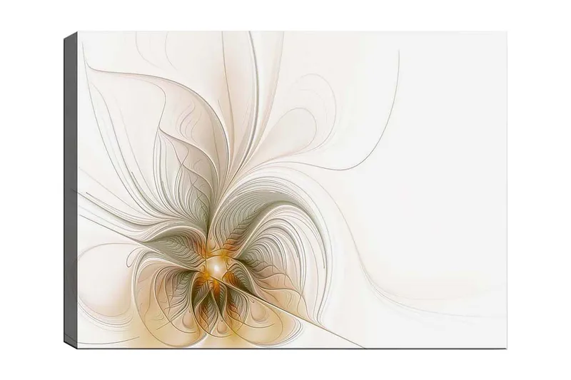 Lærred 70x100 cm - Abstrakt kunstværk med svævende linjer og former, der skaber en følelse af bevægelse og lys, Lys beige / Guld / Grå