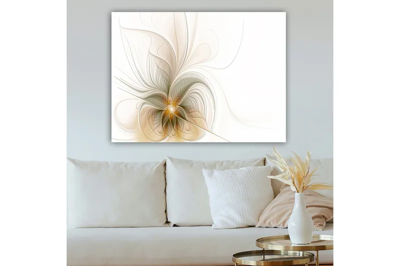 Lærred 70x100 cm - Abstrakt kunstværk med svævende linjer og former, der skaber en følelse af bevægelse og lys - Lys beige / Guld / Grå - Boligtilbehør - Billeder & kunst - Billeder på lærred