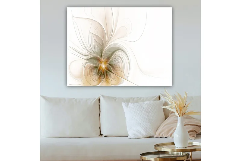 Lærred 70x100 cm - Abstrakt kunstværk med svævende linjer og former, der skaber en følelse af bevægelse og lys - Lys beige / Guld / Grå - Boligtilbehør - Billeder & kunst - Billeder på lærred