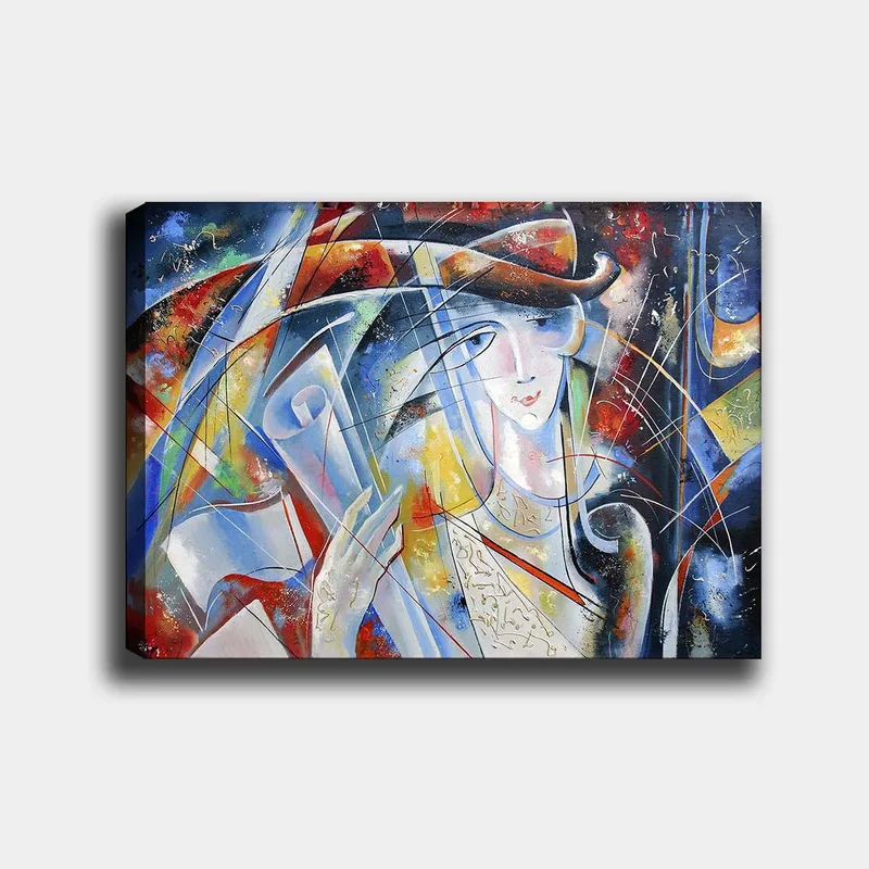 Lærred 70x100 cm - Abstrakt kvinde med rullet pergament i hånden, omgivet af farverige former og linjer, Blå / Rød / Hvid