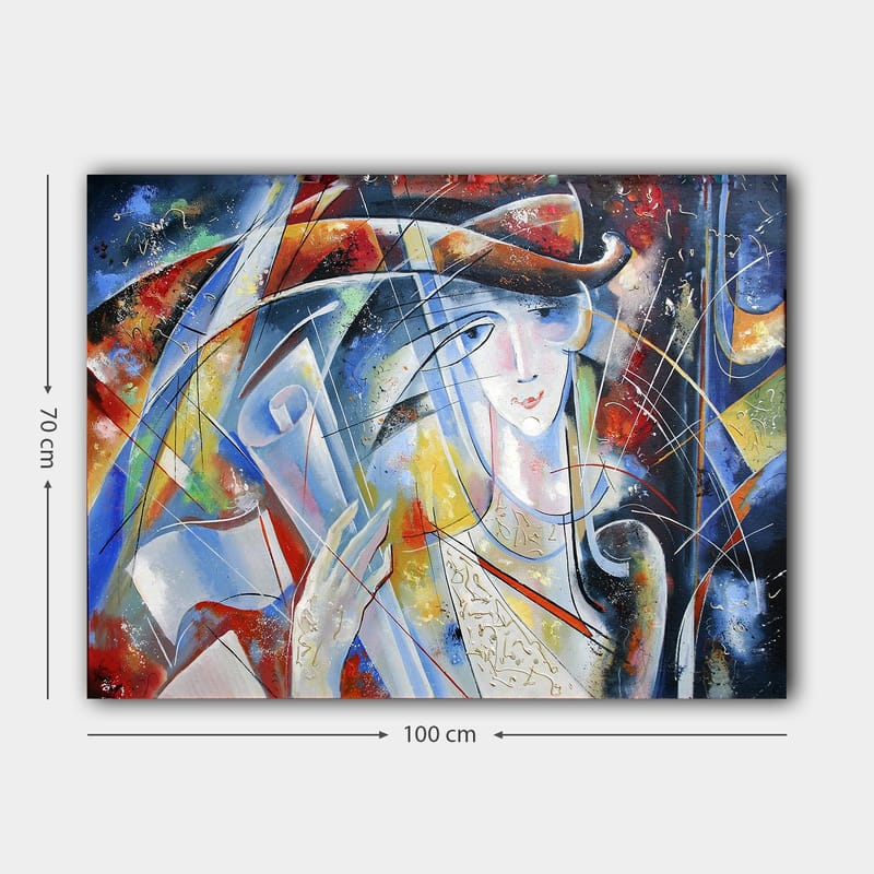 Lærred 70x100 cm - Abstrakt kvinde med rullet pergament i hånden, omgivet af farverige former og linjer - Blå / Rød / Hvid - Boligtilbehør - Billeder & kunst - Billeder på lærred