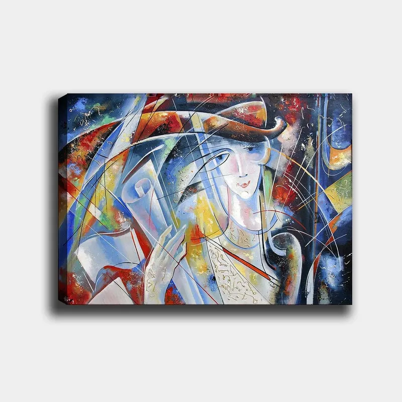 Lærred 70x100 cm - Abstrakt kvinde med rullet pergament i hånden, omgivet af farverige former og linjer, Blå / Rød / Hvid