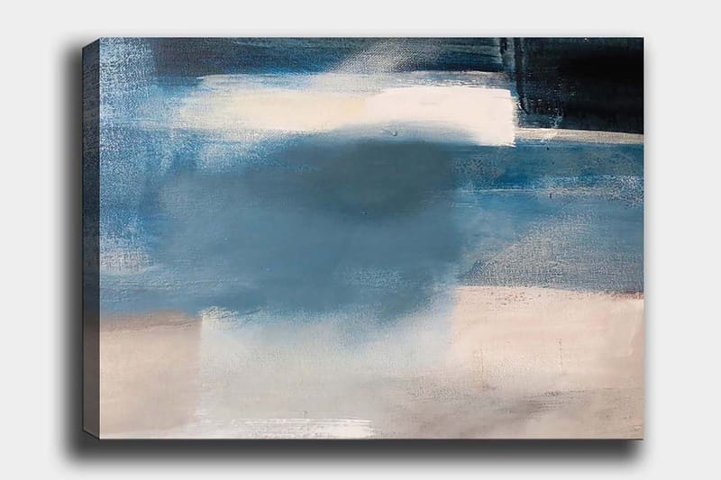 Lærred 70x100 cm - Abstrakt landskab med bløde blå nuancer og klare elementer, Mørkeblå / Lyseblå / Hvid