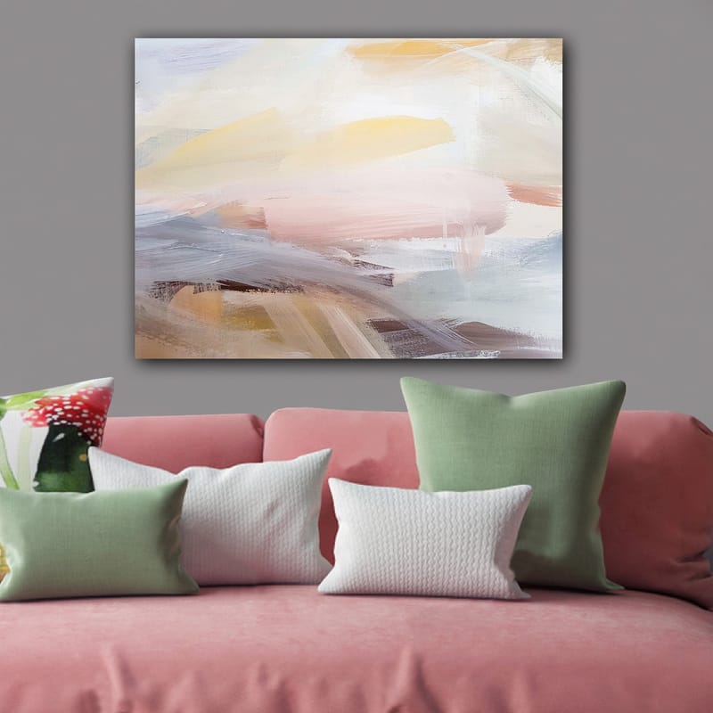 Lærred 70x100 cm - Abstrakt landskab med bløde farveovergange, der skaber en rolig og harmonisk følelse - Lys pink / Lys gul / Lys blå - Boligtilbehør - Billeder & kunst - Billeder på lærred