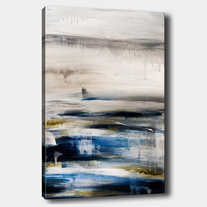 Lærred 70x100 cm - Abstrakt landskab med bløde farveovergange i blå og grå, Blå / Grå / Beige